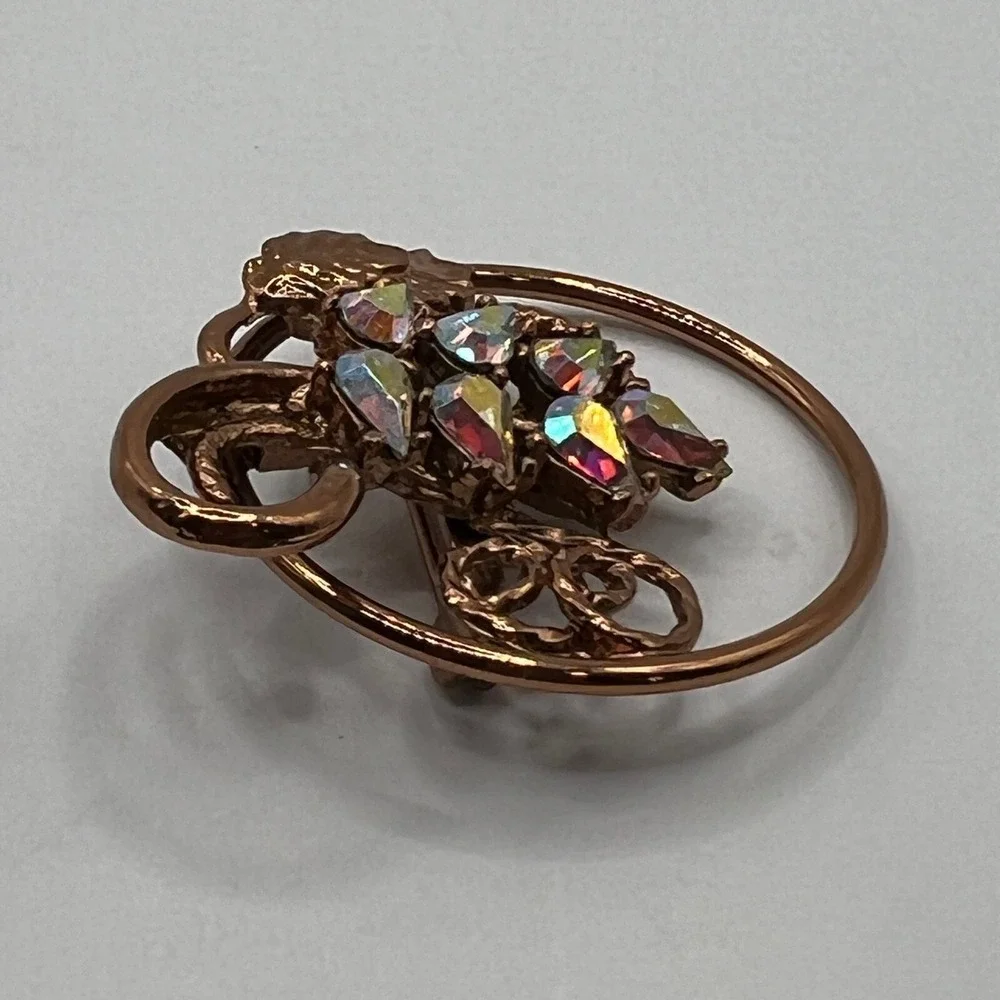 Vintage Grape Brooch Copper Tone AB Beads Aurora Borealis Round Pin